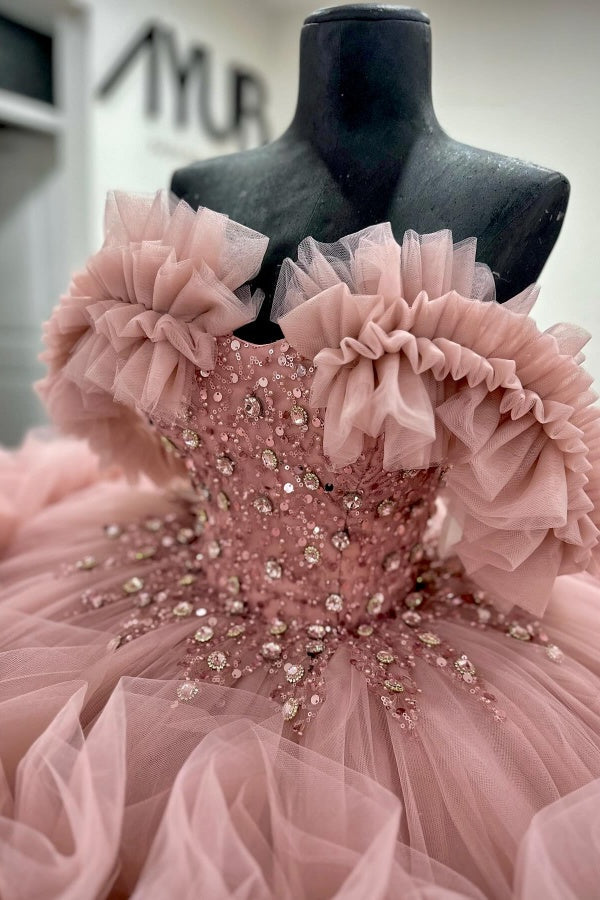 Ball Gown Off Shoulder Sleeveless Beaded Crystal Sequins Ruched Tiered Pink Tulle Quinceanera Dress Birthday Party Dress Evening Formal Gown Ball Gown Off Shoulder Sleeveless Beaded Crystal Sequins Ruched Tiered Pink Tulle Quinceanera Dress Birthday Party Dress Evening Formal Gown