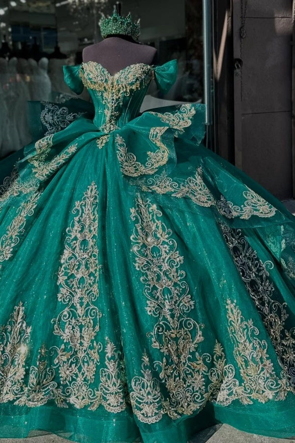 Ball Gown Off Shoulder Sleeveless Beaded Gold Appliques Lace Up Detachable Dress Sparkly Dark Green Tulle Quinceanera Dress Formal Evening Gown for