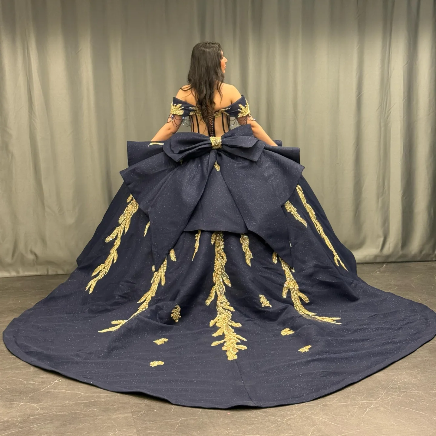 Ball Gown Off Shoulder Sleeveless Beaded Gold Appliques Pleated Bow Knot Glitter Dark Navy Satin Quinceanera Dress Birthday Party Dress For Sweet 16