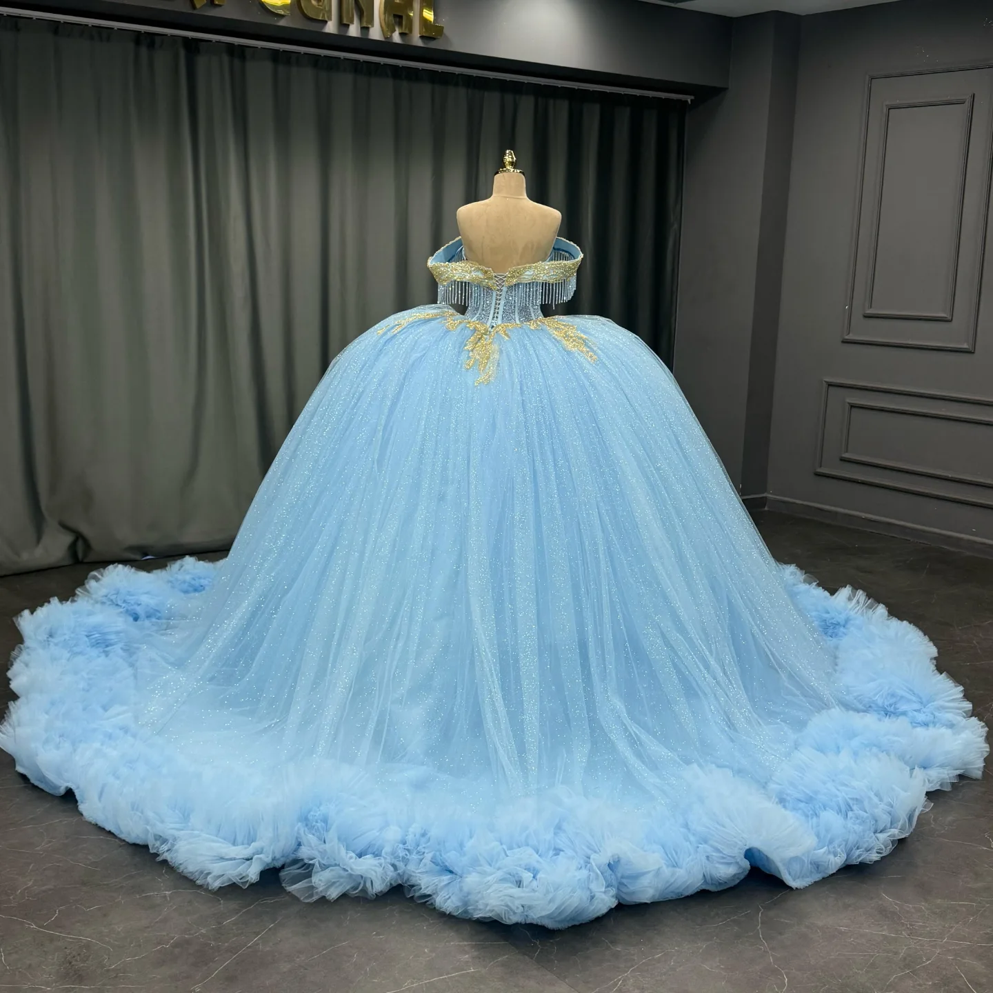 Ball Gown Off Shoulder Sleeveless Beaded Gold Appliques Pleated Glitter Sky Blue Tulle Quinceanera Dress Birthday Party Dress For Sweet 16