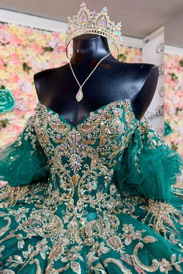 Ball Gown Off Shoulder Sleeveless Beaded Gold Applliques Sparkly Dark Green Tulle Quinceanera Dress Birthday Party Dress Formal Evening Dress For