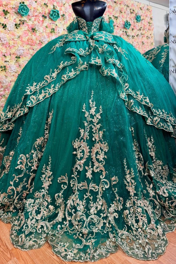 Ball Gown Off Shoulder Sleeveless Beaded Gold Applliques Sparkly Dark Green Tulle Quinceanera Dress Birthday Party Dress Formal Evening Dress For