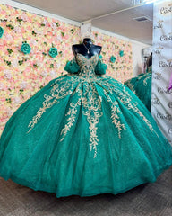 Ball Gown Off Shoulder Sleeveless Beaded Gold Applliques Sparkly Dark Green Tulle Quinceanera Dress Birthday Party Dress Formal Evening Dress For Ball Gown Off Shoulder Sleeveless Beaded Gold Applliques Sparkly Dark Green Tulle Quinceanera Dress Birthday Party Dress Formal Evening Dress For