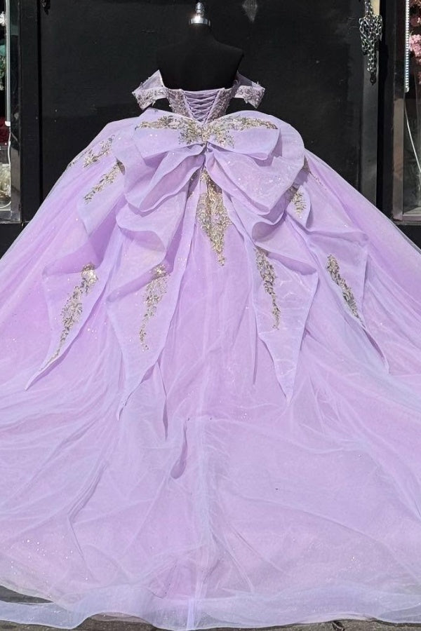 Ball Gown Off Shoulder Sleeveless Beaded Pleated Gold Sequins Sparkly Lilac Tulle Quinceanera Dress Birthday Party Dress Evening Formal Gown For Sweet 16