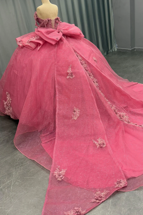 Ball Gown Off Shoulder Sleeveless Beaded Sequins 3D Flower Appliques Bow Knot Glitter Pink Tulle Quinceanera Dress Formal Evening Party Gown For Sweet 16