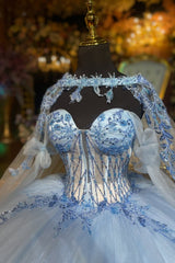 Ball Gown Off Shoulder Sleeveless Beaded Sequins Appleques Shawl Bbay Blue Tulle Evening Formal Gown Quinceanera Dress Birthday Party Dress For Sweet 16