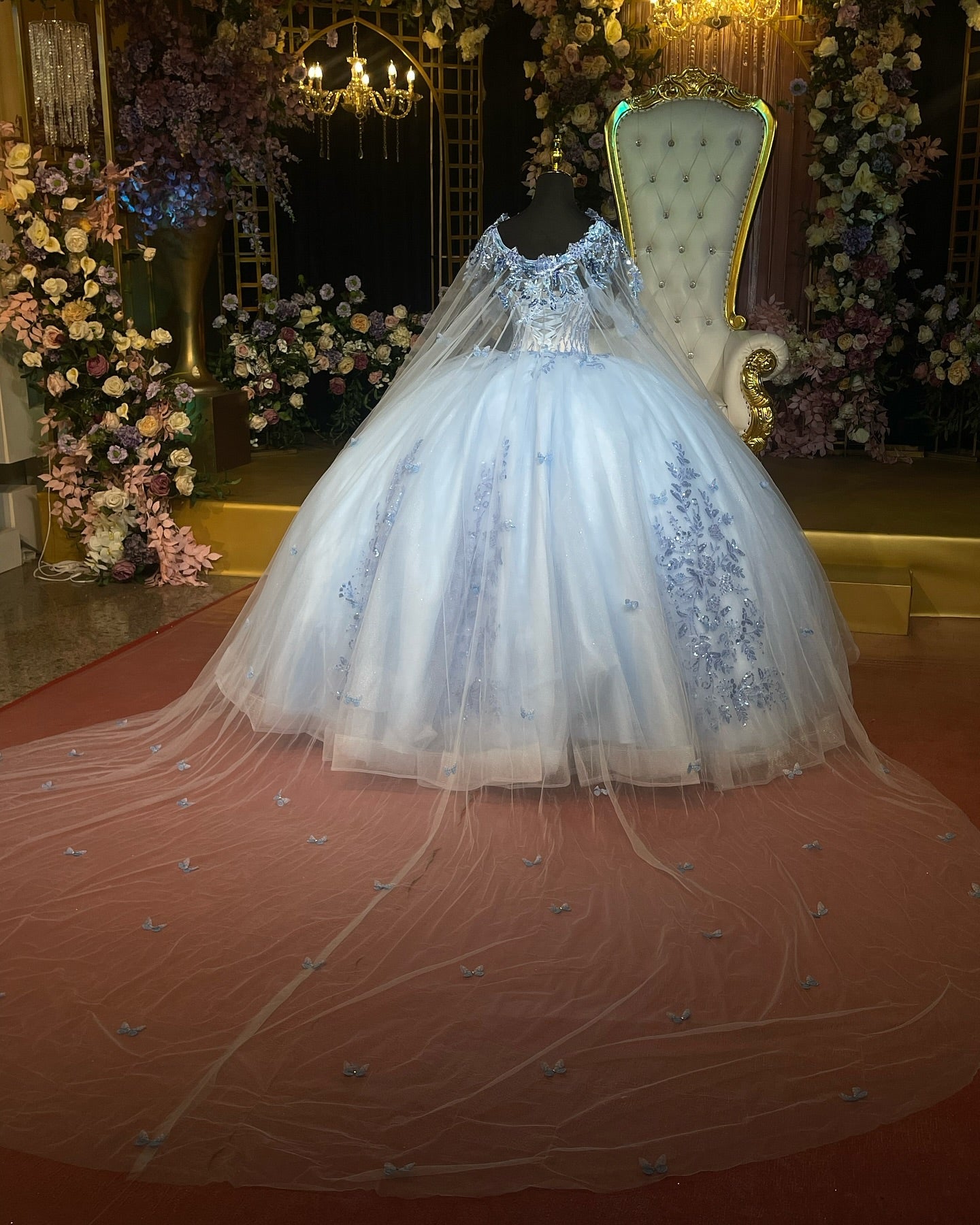 Ball Gown Off Shoulder Sleeveless Beaded Sequins Appleques Shawl Bbay Blue Tulle Evening Formal Gown Quinceanera Dress Birthday Party Dress For Sweet 16
