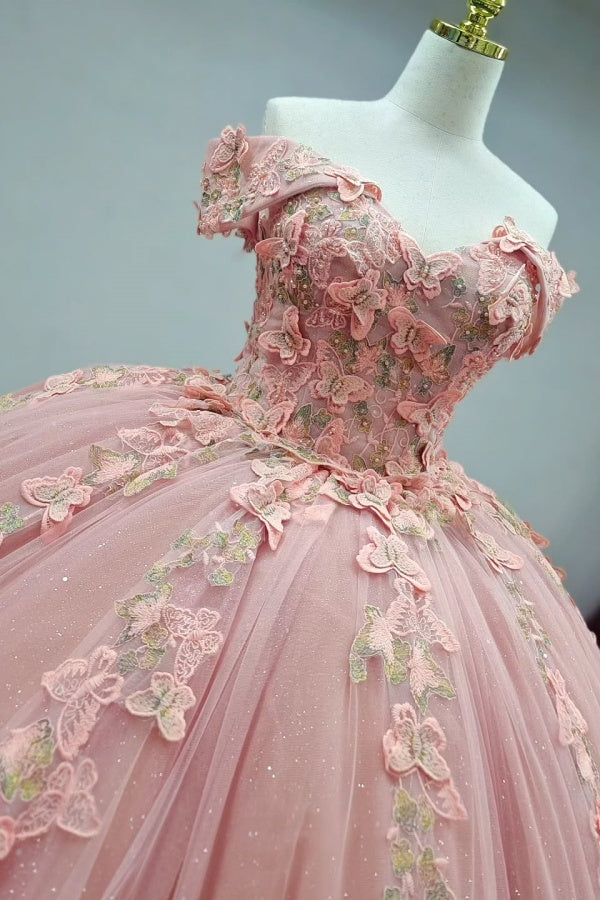 Ball Gown Off Shoulder Sleeveless Fully 3D Butterflies Appliques Lace Up Pink Tulle Quinceanera Dress Birthday Party Dress Evening Gown For Sweet 16