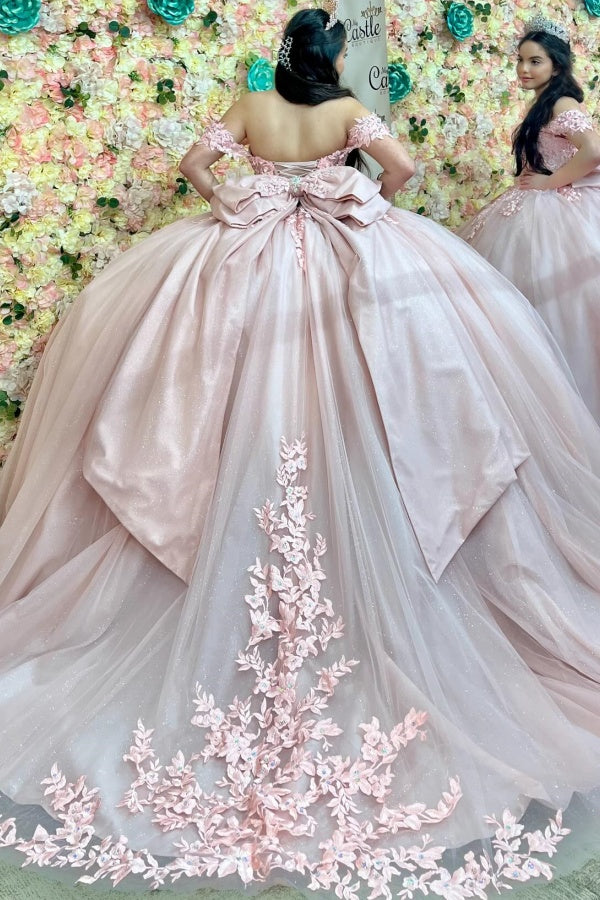 Ball Gown Off Shoulder Sleeveless Fully Appiques Crystal Pleated Lace Up Big Bow Knot Light Pink Tulle Quinceanera Dress Birthday Party Dress Formal Evening Gown For Sweet 16