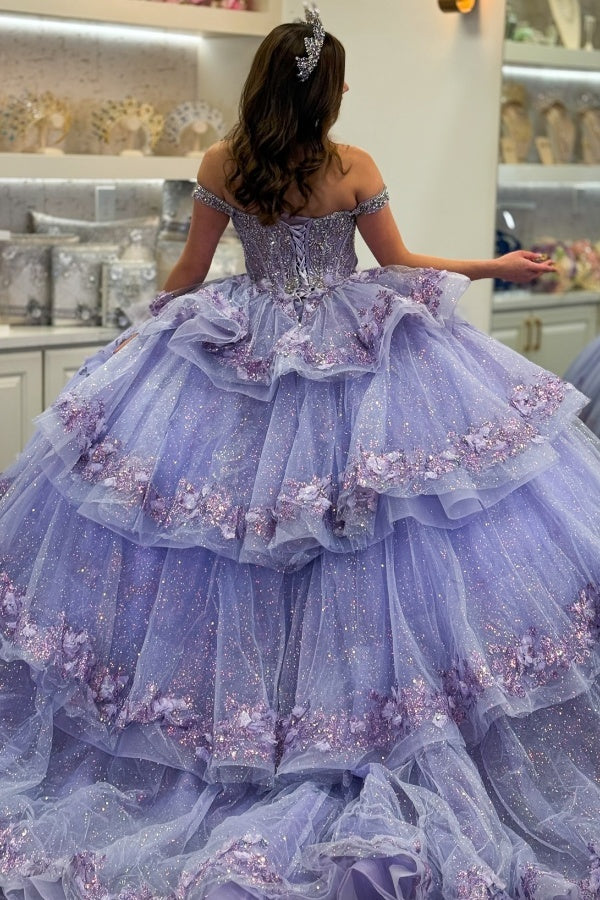 Ball Gown Off Shoulder Sleeveless Fully Beaded Appliques Pleated 3D Flower Tiered Sparkly Lilac Tulle Quinceanera Dress Birthday Party Dress For Sweet 16