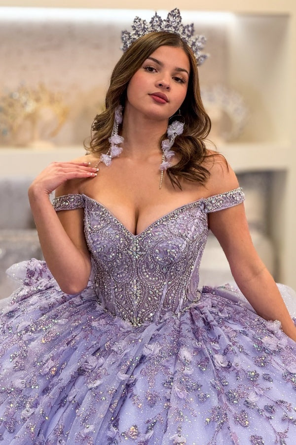 Ball Gown Off Shoulder Sleeveless Fully Beaded Appliques Pleated 3D Flower Tiered Sparkly Lilac Tulle Quinceanera Dress Birthday Party Dress For Sweet Ball Gown Off Shoulder Sleeveless Fully Beaded Appliques Pleated 3D Flower Tiered Sparkly Lilac Tulle Quinceanera Dress Birthday Party Dress For Sweet
