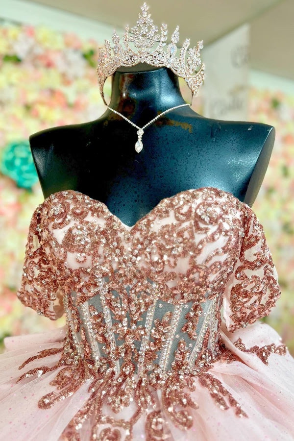 Ball Gown Off Shoulder Sleeveless Fully Sequins Appliques Pleated Lace Up Big Bow Knot Pink Tulle Quinceanera Dress Birthday Party Dress Formal Evening Gown