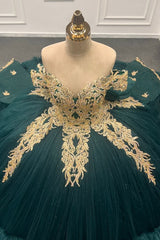 Ball Gown Off Shoulder Sleeveless Gold Appliques Ruffles Tiered Bow Knot Lace Up Sparkly Dark Green Tulle Quinceanera Dress Formal Evening Party Dress For Sweet 16