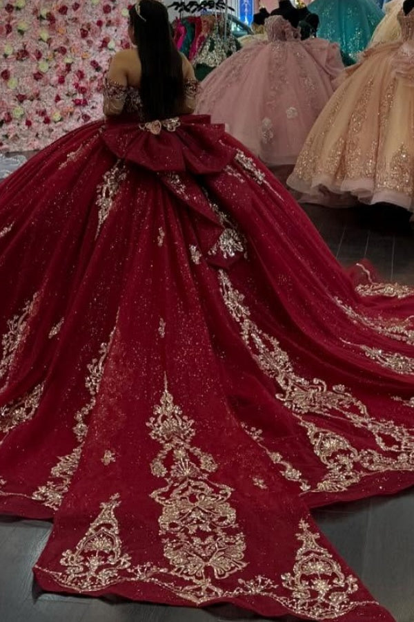 Ball Gown Off Shoulder Sleeveless Gold Sequins Appliques Big Bow Knot Sparkly Burgundy Tulle Quinceanera Dress Birthday Party Dress Evening Formal
