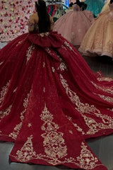 Ball Gown Off Shoulder Sleeveless Gold Sequins Appliques Big Bow Knot suzhoufashion Ball Gown Off Shoulder Sleeveless Gold Sequins Appliques Big Bow Knot suzhoufashion