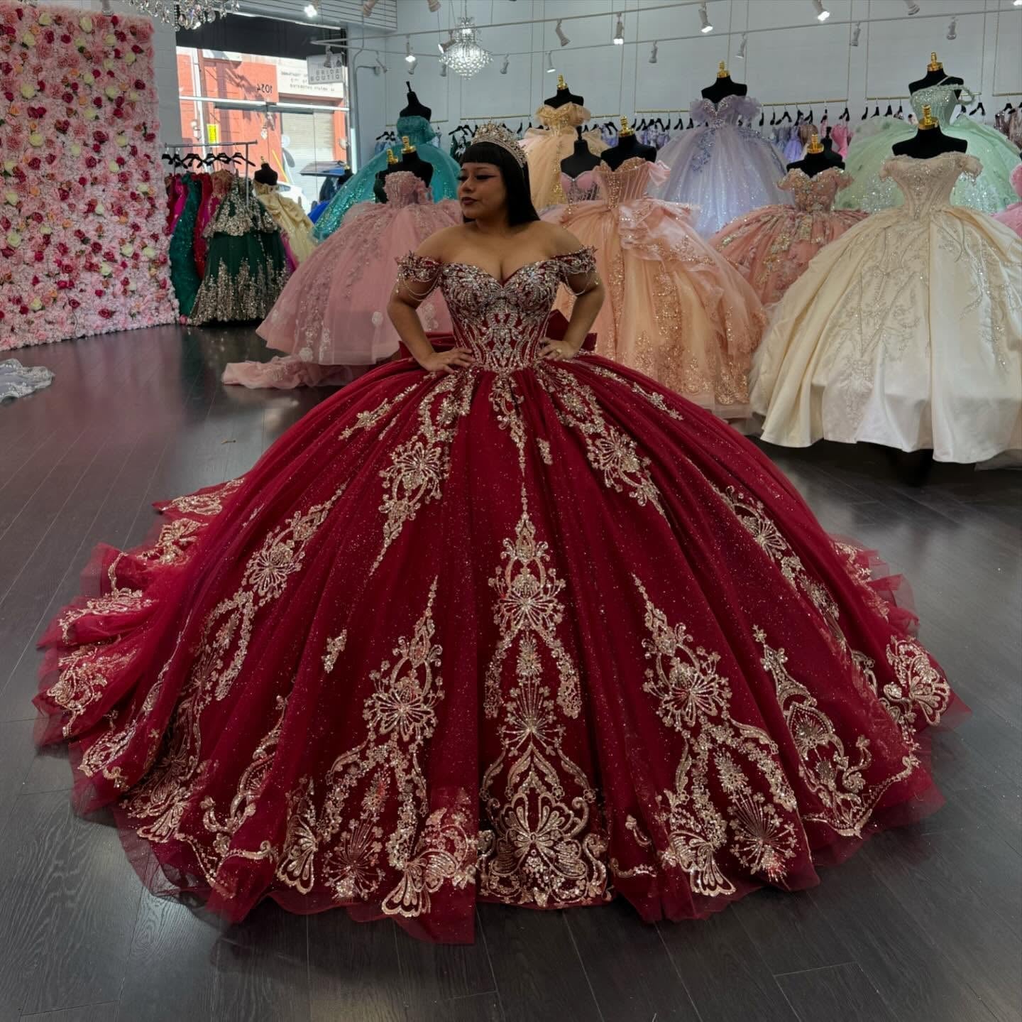 Ball Gown Off Shoulder Sleeveless Gold Sequins Appliques Big Bow Knot Sparkly Burgundy Tulle Quinceanera Dress Birthday Party Dress Evening Formal