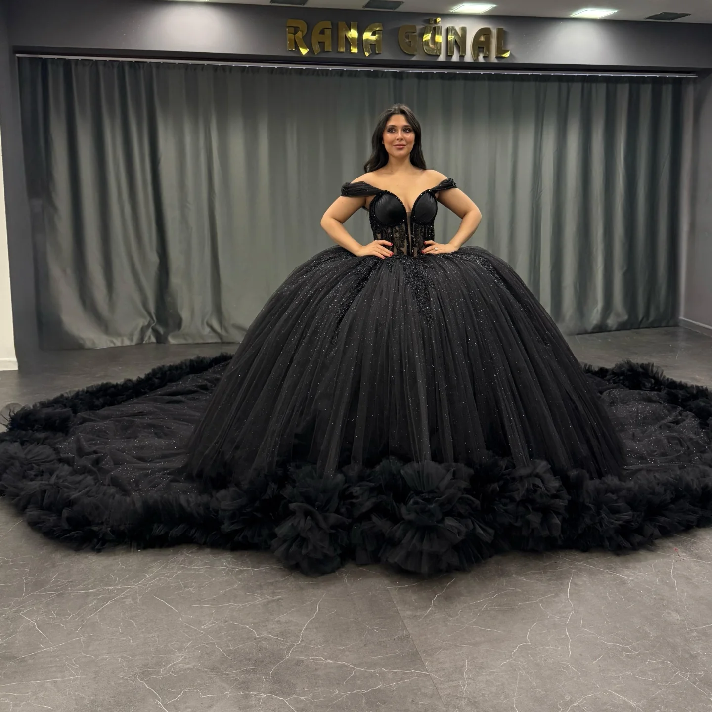 Ball Gown Off Shoulder Sleeveless Pleated Appliques Tiered Sparkly Black Tulle Quinceanera Dress Birthday Party Dress For Sweet 16