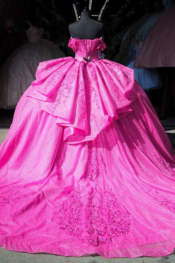 Ball Gown Off Shoulder Sleeveless Pleated Beaded Appliques Lace Up Fuchsia Tulle Quinceanera Dress Birthday Party Dress For Sweet 16