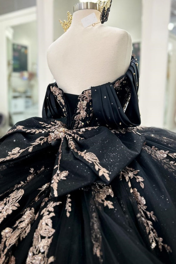Ball Gown Off Shoulder Sleeveless Pleated Beaded Gold Appliques Bow Knot Lace Up Balck Tulle Quinceanera Dress Birthday Party Dress For Sweet 16