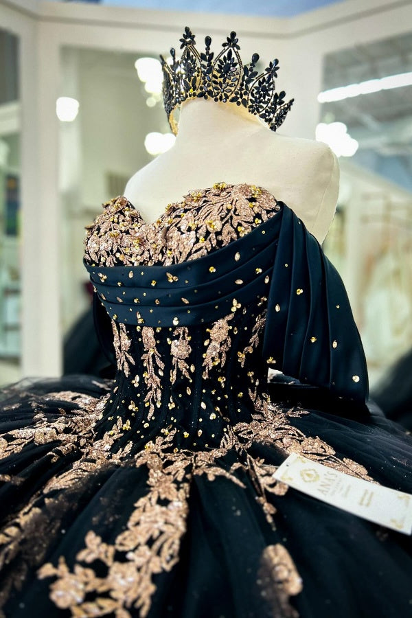 Ball Gown Off Shoulder Sleeveless Pleated Beaded Gold Appliques Bow Knot Lace Up Balck Tulle Quinceanera Dress Birthday Party Dress For Sweet 16