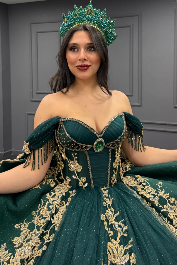 Ball Gown Off Shoulder Sleeveless Pleated Gold Sequins Beaded Crystal Glitter Dark Green Tulle Quinceanera Dress Closet Big Bow Knot Birthday Party Ball Gown Off Shoulder Sleeveless Pleated Gold Sequins Beaded Crystal Glitter Dark Green Tulle Quinceanera Dress Closet Big Bow Knot Birthday Party
