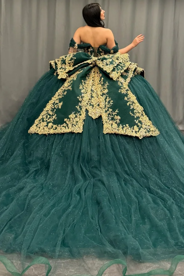 Ball Gown Off Shoulder Sleeveless Pleated Gold Sequins Beaded Crystal Glitter Dark Green Tulle Quinceanera Dress Closet Big Bow Knot Birthday Party Ball Gown Off Shoulder Sleeveless Pleated Gold Sequins Beaded Crystal Glitter Dark Green Tulle Quinceanera Dress Closet Big Bow Knot Birthday Party