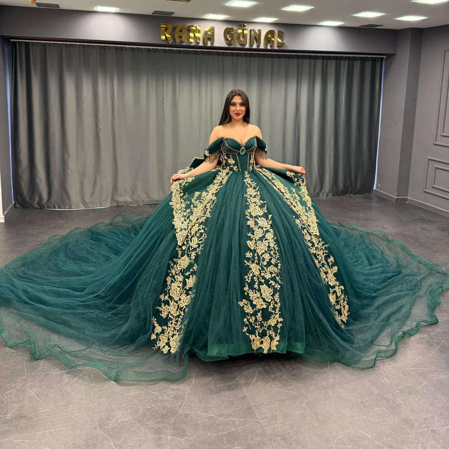 Ball Gown Off Shoulder Sleeveless Pleated Gold Sequins Beaded Crystal Glitter Dark Green Tulle Quinceanera Dress Closet Big Bow Knot Birthday Party