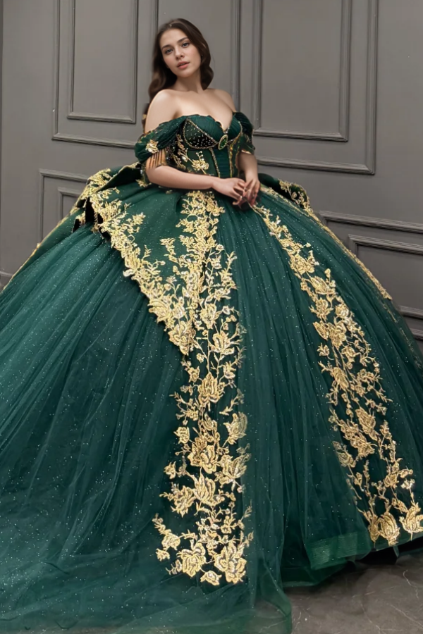 quince dresses dark green Ball Gown Off Shoulder Sleeveless Pleated Gold Sequins Beaded Crystal Glitter Dark Green Tulle Quinceanera Dress Closet Big Bow Knot Birthday Party