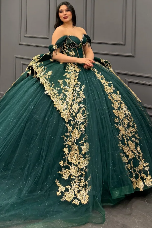 Ball Gown Off Shoulder Sleeveless Pleated Gold Sequins Beaded Crystal Glitter Dark Green Tulle Quinceanera Dress Closet Big Bow Knot Birthday Party Dress For Sweet 16