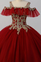 Ball Gown Off Shoulder Straps Sleeveless Gold Appliques Back Zipper Sparkly Burgundy Tulle Quinceanera Dress Formal Evening Gown For Sweet 16