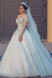 Vestido de novia con encaje de tul y hombros descubiertos en línea