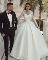 Ball Gown Satin Long Sleeves Lace Wedding Dress with Bow On Sale