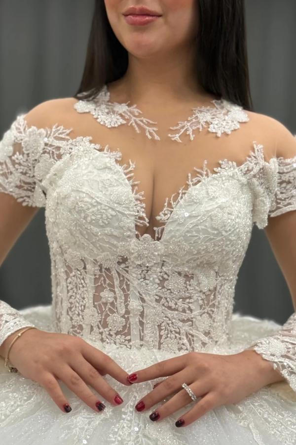 Ball Gown Scoop Neck Long Transparent Sleeves Fully Lace Appliques Pleated White Tulle Formal Evening Party Dress Quinceanera Dress Birthday Gown For Sweet 16