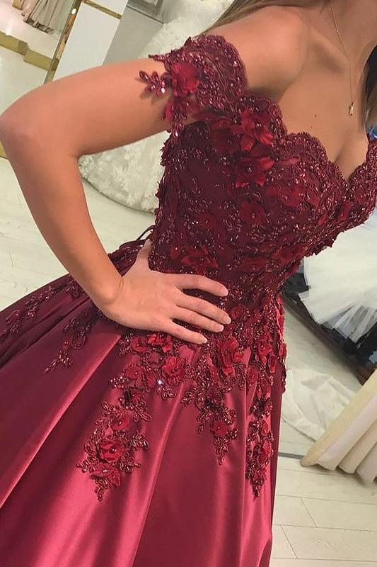 Ball Gown Sleeveless Off-the-Shoulder Applique Satin Floor-Length Prom Dresses