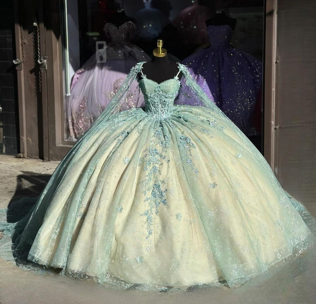 Ball Gown Spaghetti Straps Sweetheart Neck Lace Appliques Beaded Mint Green Tulle Quinceanera Dresses Birthday Prom Gown For Sweet 16