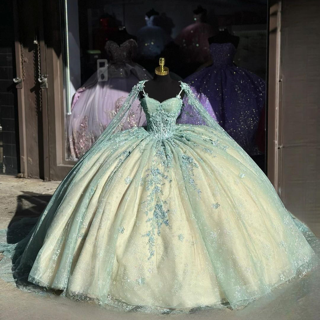 Ball Gown Spaghetti Straps Sweetheart Neck Lace Appliques Beaded Mint Green Tulle Quinceanera Dresses Birthday Prom Gown For Sweet 16