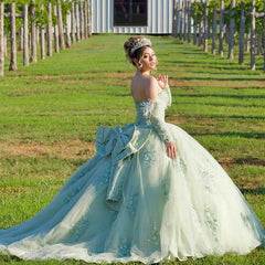 Ball Gown Strapless Detachable Sleeves 3D Flower Lace Appliques Corset Bow Knot Mint Green Tulle Quinceanera Dress For Sweet 16 Ball Gown Strapless Detachable Sleeves 3D Flower Lace Appliques Corset Bow Knot Mint Green Tulle Quinceanera Dress For Sweet 16