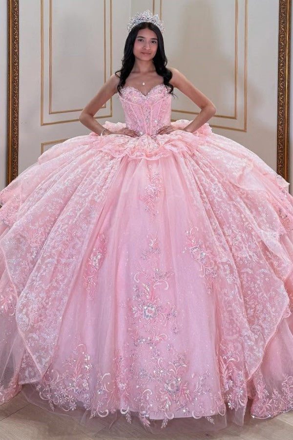 Ball Gown Strapless Sleeveless Beaded Ruffles Sequins Tulle Tiered Sparkly Tulle Quinceanera Dress Birthday Party Dress Evening Formal Gown For Sweet 16