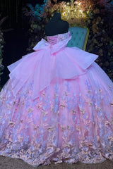 Ball Gown Strapless Sleeveless Pleated 3S Butterflies Appliques Shawl Bow Knot Pink Tulle Quinceanera Dress Birthday Party Gown Evening Formal Gown For Sweet 16