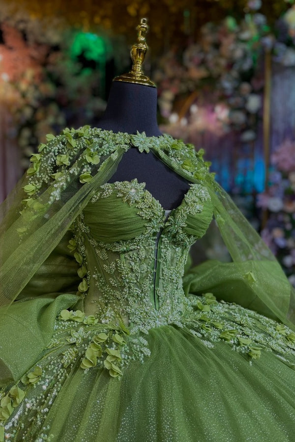 Ball Gown Strapless Sleeveless Pleated Fully Beaded Appliques Shawl Bow Knot Sage Green Tulle Quinceanera Dress Birthday Party Dress For Sweet 16