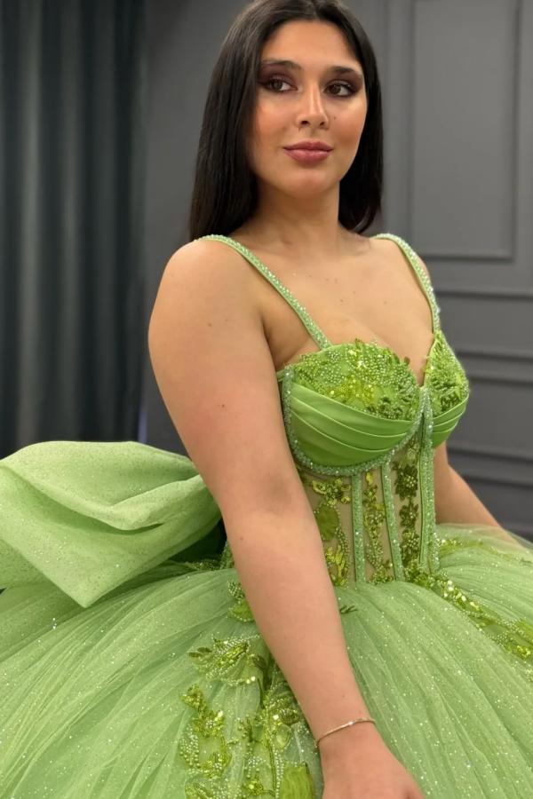 Ball Gown Strapless Spaghetti Straps Sleeveless Sequins Beaded Appliques Pleated Big Bow Knot Green Tulle Quinceanera Dress Birthday Party Dress