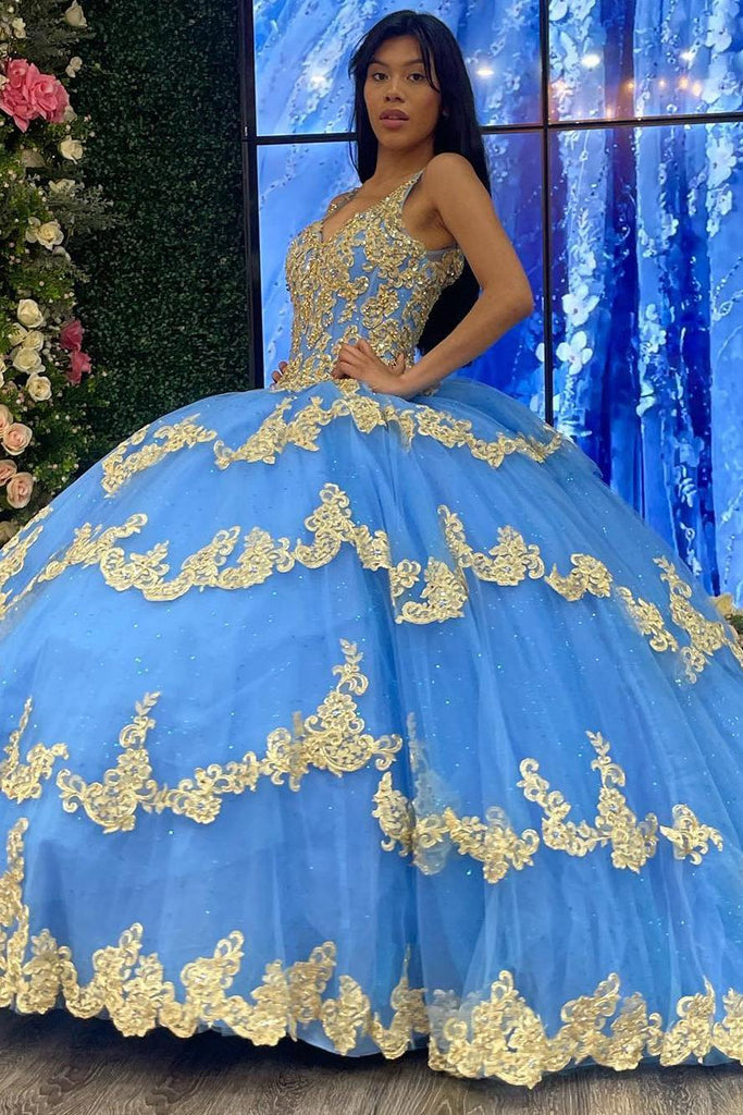 Ball Gown V Neck Beaded Sequins Flower Appliques Tiered Lace Up Sky Blue Tulle Quinceanera Dress Cocktail Dresses Princess Evening Party Gown For