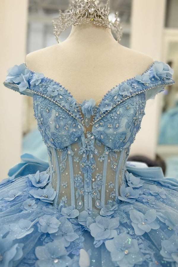 Ball Gown V Neck Detachable Long Sleeves Pleated Beaded 3D Flowers Appliques Sparkly Baby Blue Tulle Quinceanera Dress Birthday Party Dress Evening Formal Gown For Sweet 16