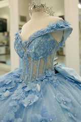 Ball Gown V Neck Detachable Long Sleeves Pleated Beaded 3D Flowers Appliques Sparkly Baby Blue Tulle Quinceanera Dress Birthday Party Dress Evening Formal Gown For Sweet 16