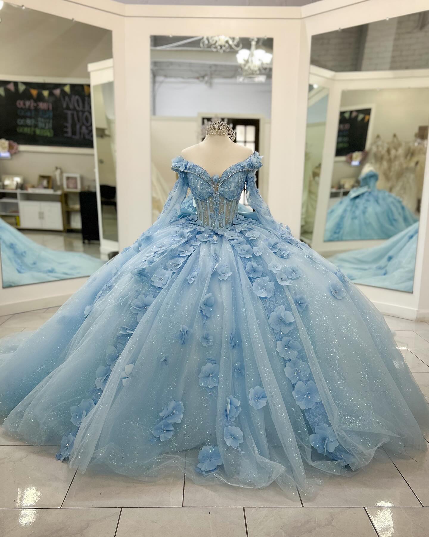 Ball Gown V Neck Detachable Long Sleeves Pleated Beaded 3D Flowers Appliques Sparkly Baby Blue Tulle Quinceanera Dress Birthday Party Dress Evening Ball Gown V Neck Detachable Long Sleeves Pleated Beaded 3D Flowers Appliques Sparkly Baby Blue Tulle Quinceanera Dress Birthday Party Dress Evening
