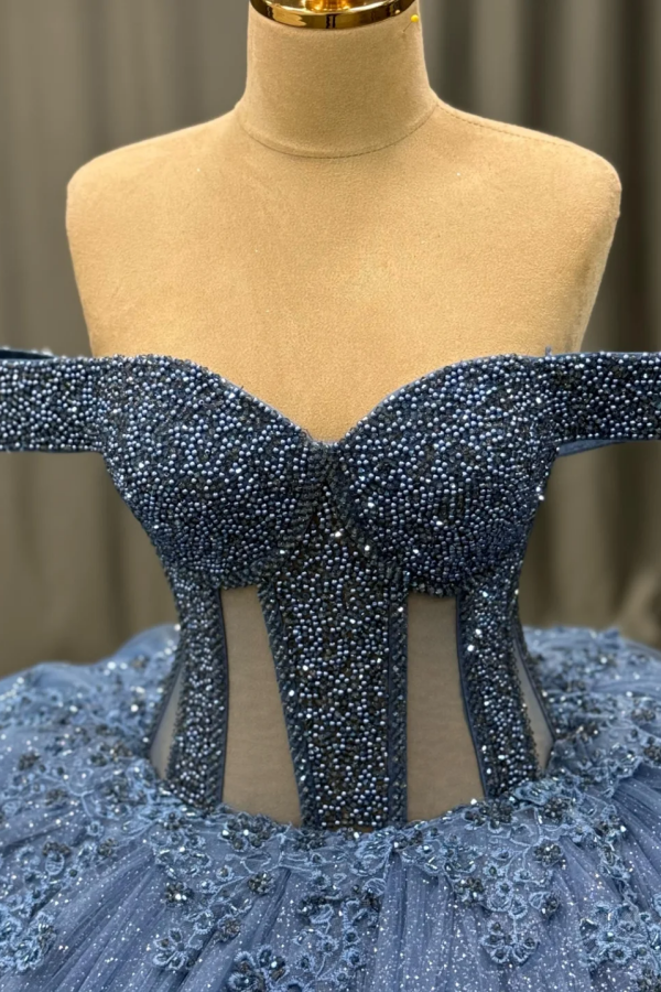 Ball Gownoff Shoulder Sleeveless Fully Beaded Appliques Pleated Lace Up Sparkly Blue Tulle Quinceanera Dress Formal Evening Gown For Sweet 16