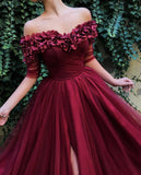 Bateau Elegant Flower Prom Dresses | Slit Tulle Elbow-sleeves Prom Dresses