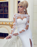 Bateau Lace Sexy Wedding Dresses Long Sleeve Side Slit Court Train Chiffon Bridal Gowns