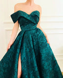 Bateau Princess Lace Slit Evening Gowns | Chapel-train A-Line Strapless Prom Dresses