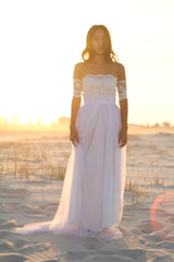 Bateau Short Sleeve White Chiffon Beach Wedding Dress Latest Simple Lace Summer Beach Bridal Gowns